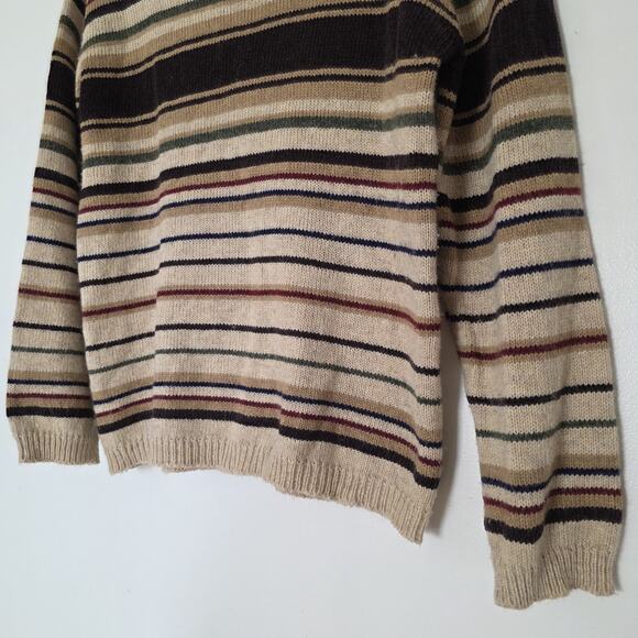 Vtg Striped Vneck Sweater Womens M Brown Wool Blend 70s Bohemian Neutral Minimal - Picture 4 of 9